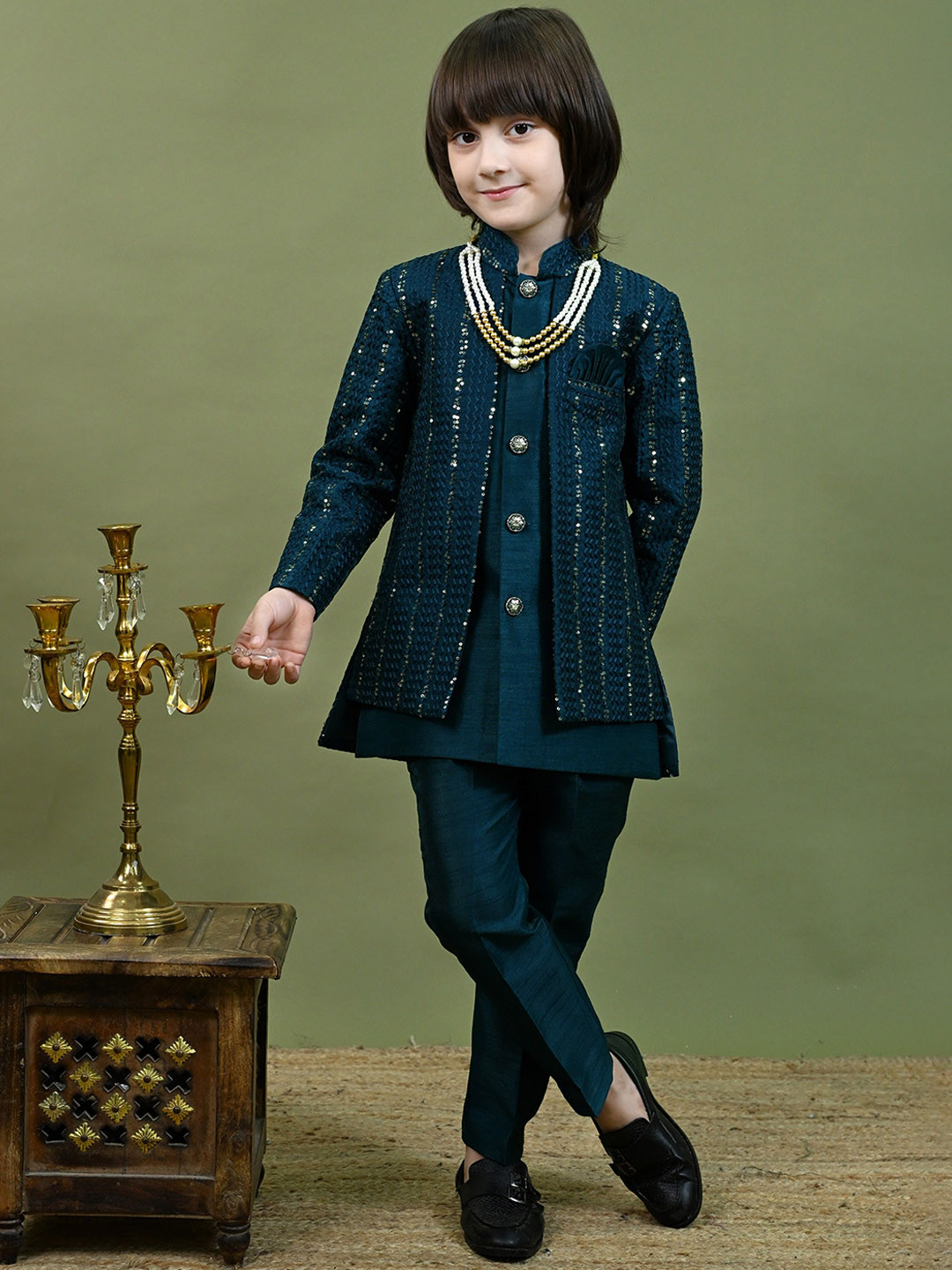ahhaaaa Boys Mandarin Collar Kurta with Trousers & Sequin Jacket