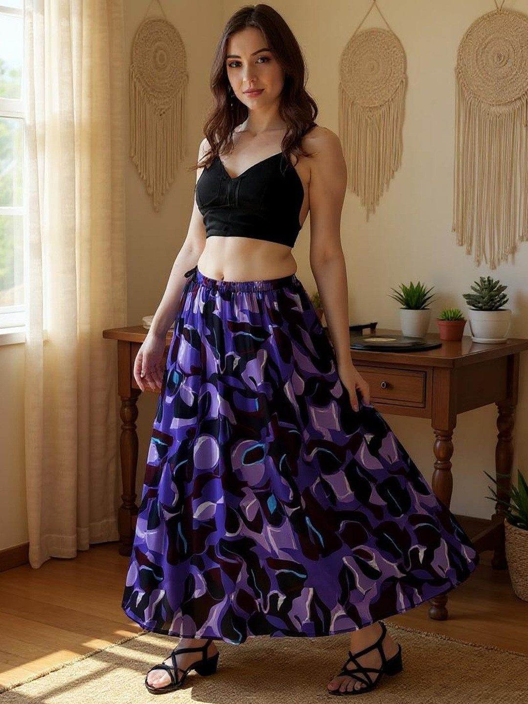 INUKA Abstract Printed Flared Maxi Skirt With Full Lining