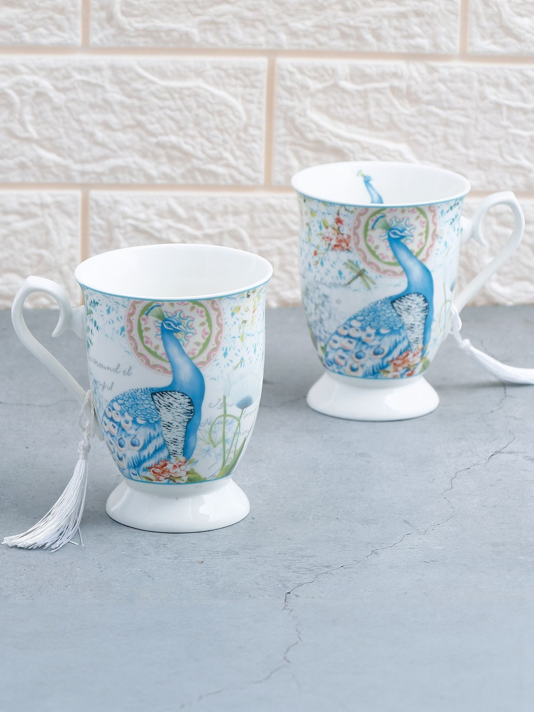 Archies Pack Of 2 White & Blue Printed Vintage Ceramic Glossy Cups