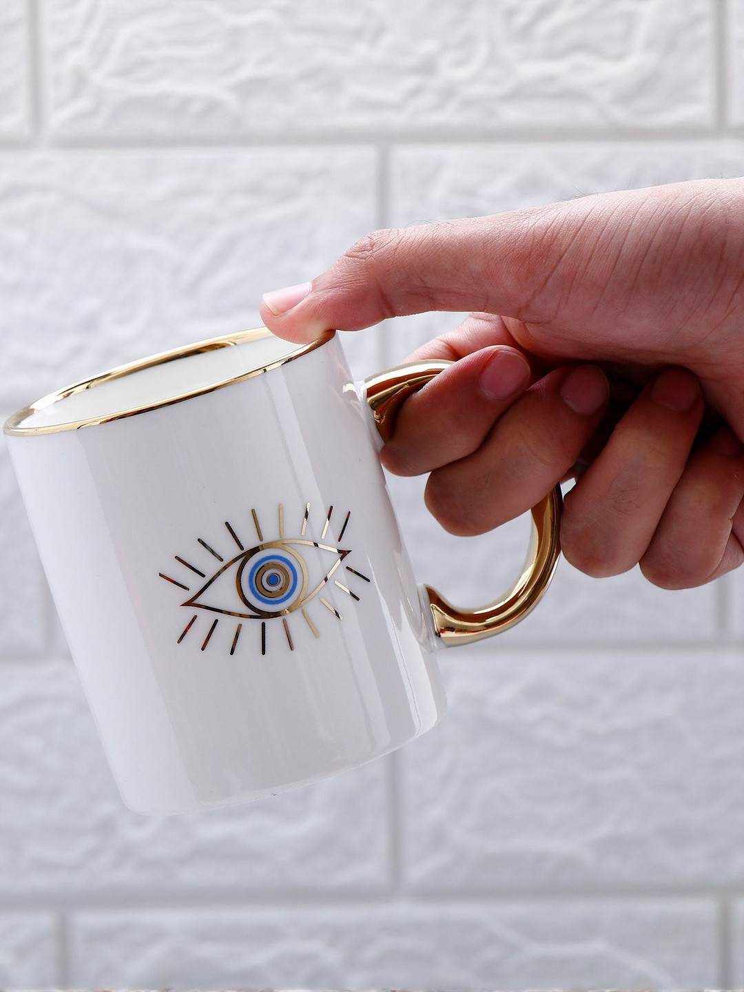Archies White & Gold-Toned Evil Eye Ceramic Glossy Cup
