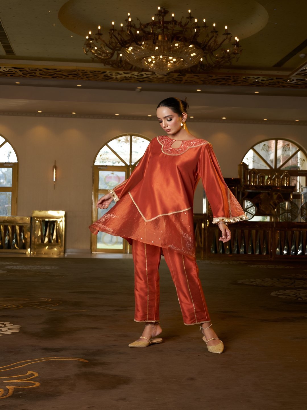 Undyed Women Chikankari Embroidered Rust Chanderi Silk A-Line Kurta With Trousers