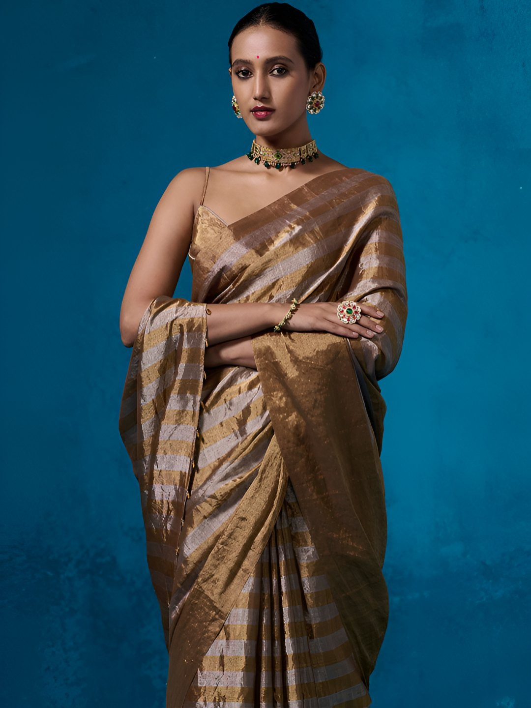 Dressfolk Striped Chanderi Tissue Saree with Bold Gold Border and Handcrafted Beaded Pallu