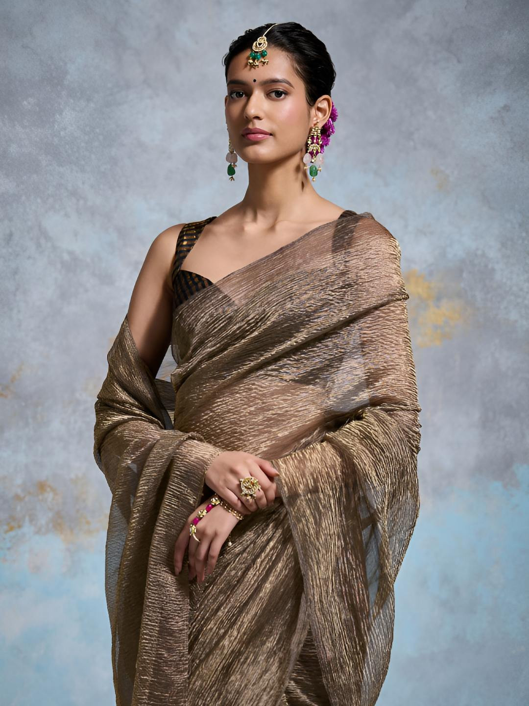 Dressfolk Brown Banarasi Crinkled Tissue Saree with Gold Zari Base & Handcrafted Pallu