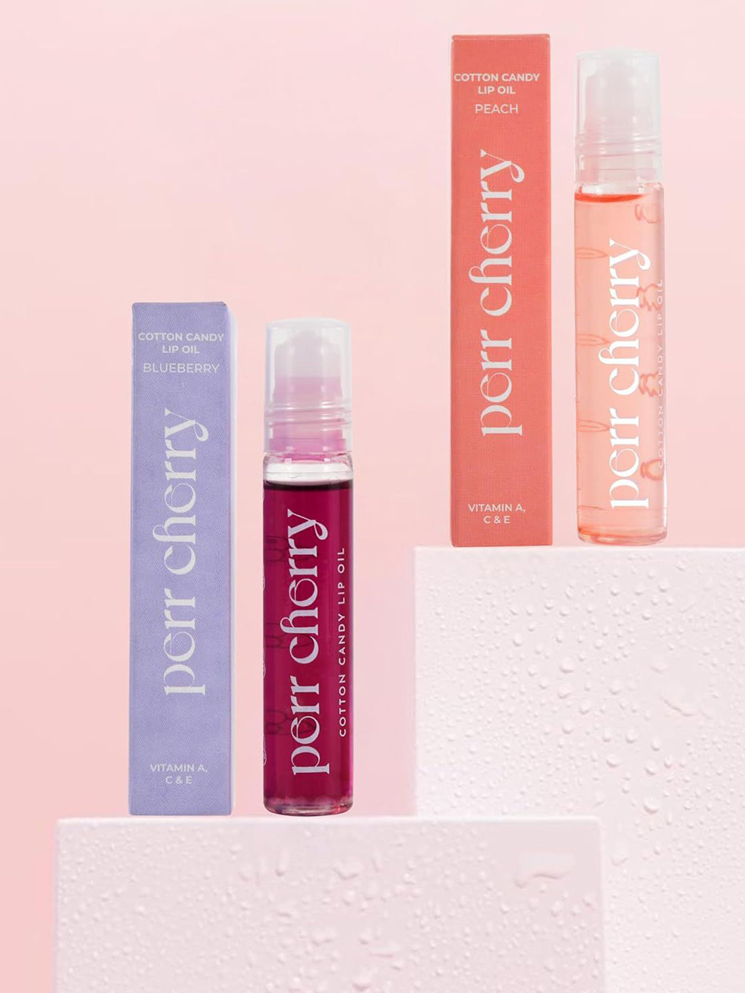 PERR CHERRY Set Of 2 Cotton Candy Lip Oil With Vitamin A - 10 ml Each - Peach - Blueberry