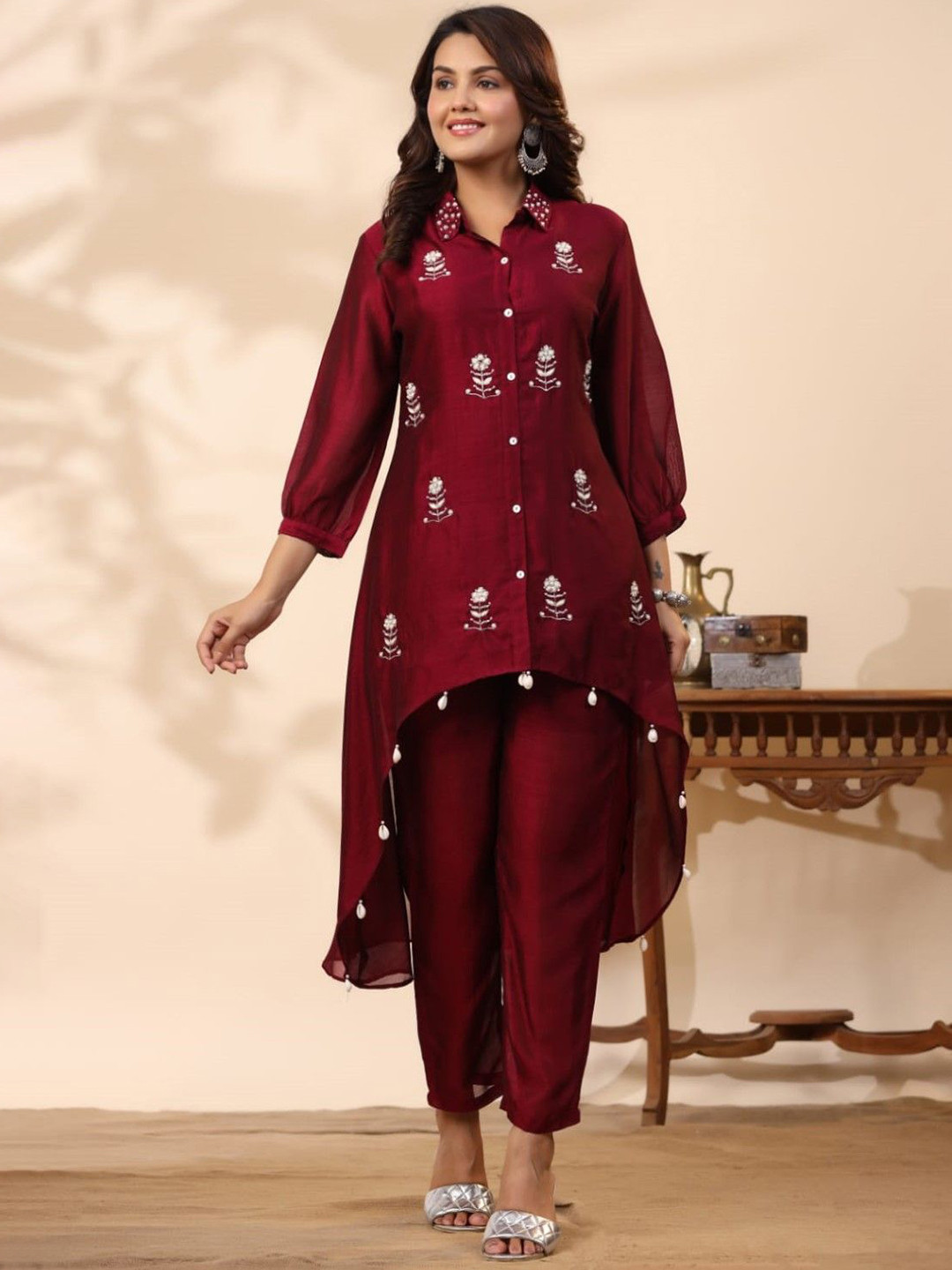 AUTUMN LANE Sanmati Jam Work Embellished Tunic With Trousers Co-Ords