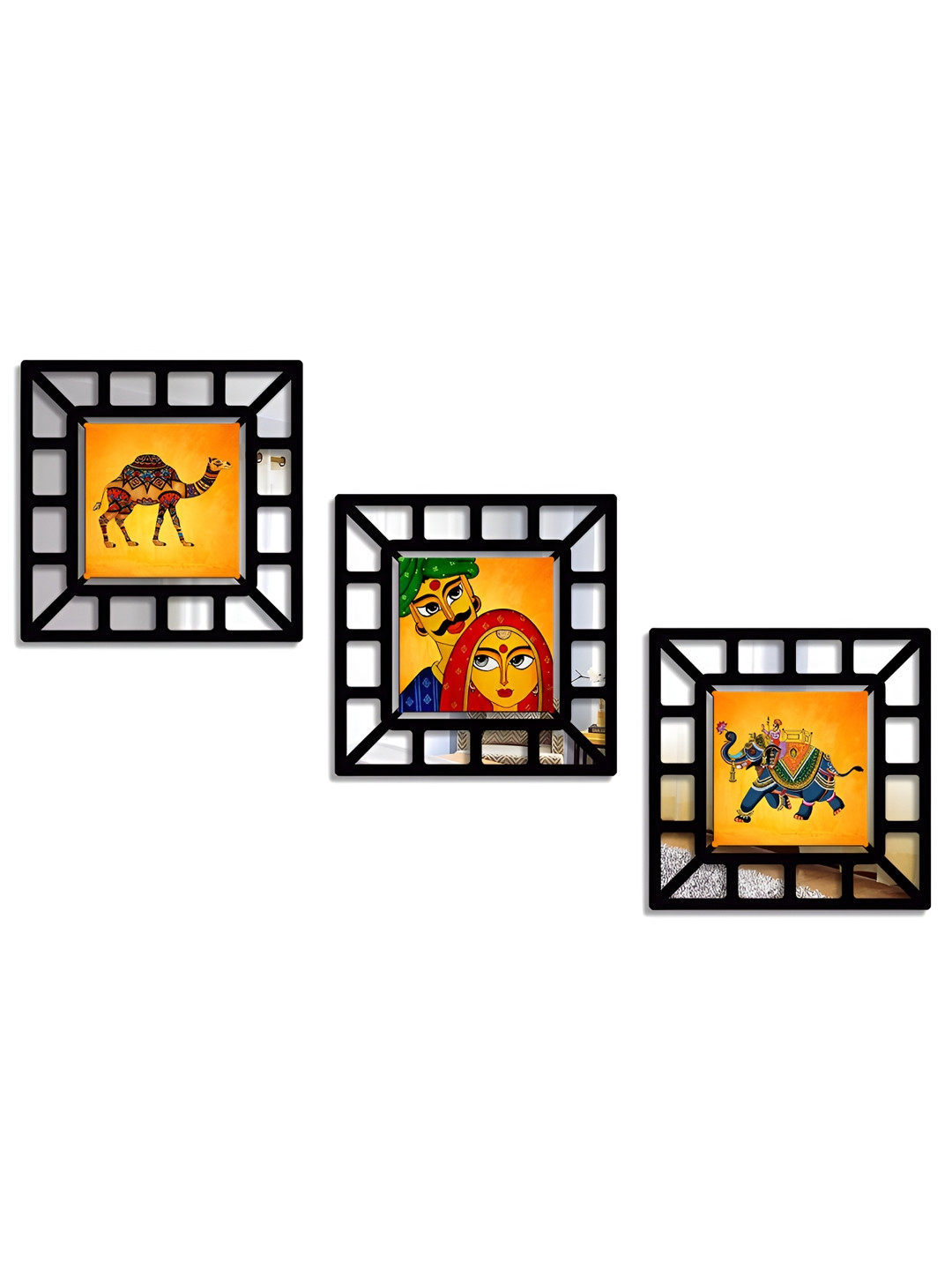 SEHAZ ARTWORKS Black & Yellow 3 Pieces Animals Printed Wooden Wall Arts