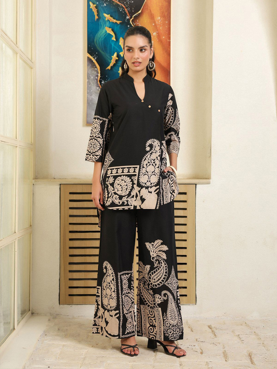 JISORA Black & Cream Coloured Ethnic Motifs Printed Cotton V Neck Top With Palazzo Co-Ords