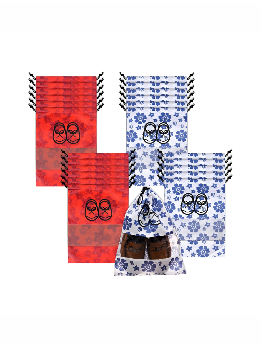 Aura White & Red 24 Pieces Printed Shoe Covers With Drawstring