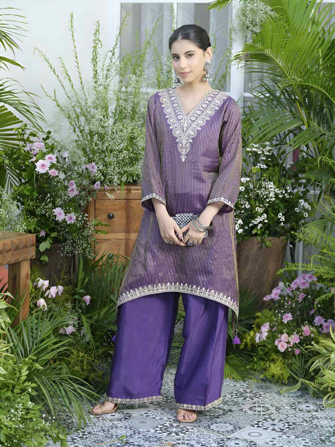 AUTUMN LANE Women Palash purple work Premium Kurta with Palazzos
