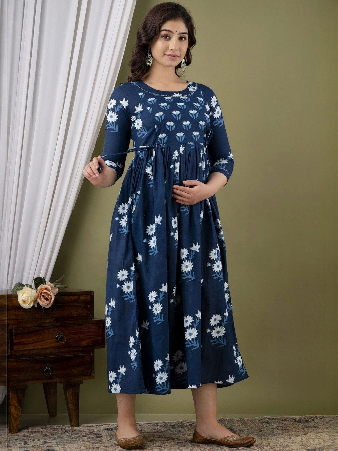 TASLIM Women Floral Printed Gathered Maternity Cotton Fit and Flare Midi Dress