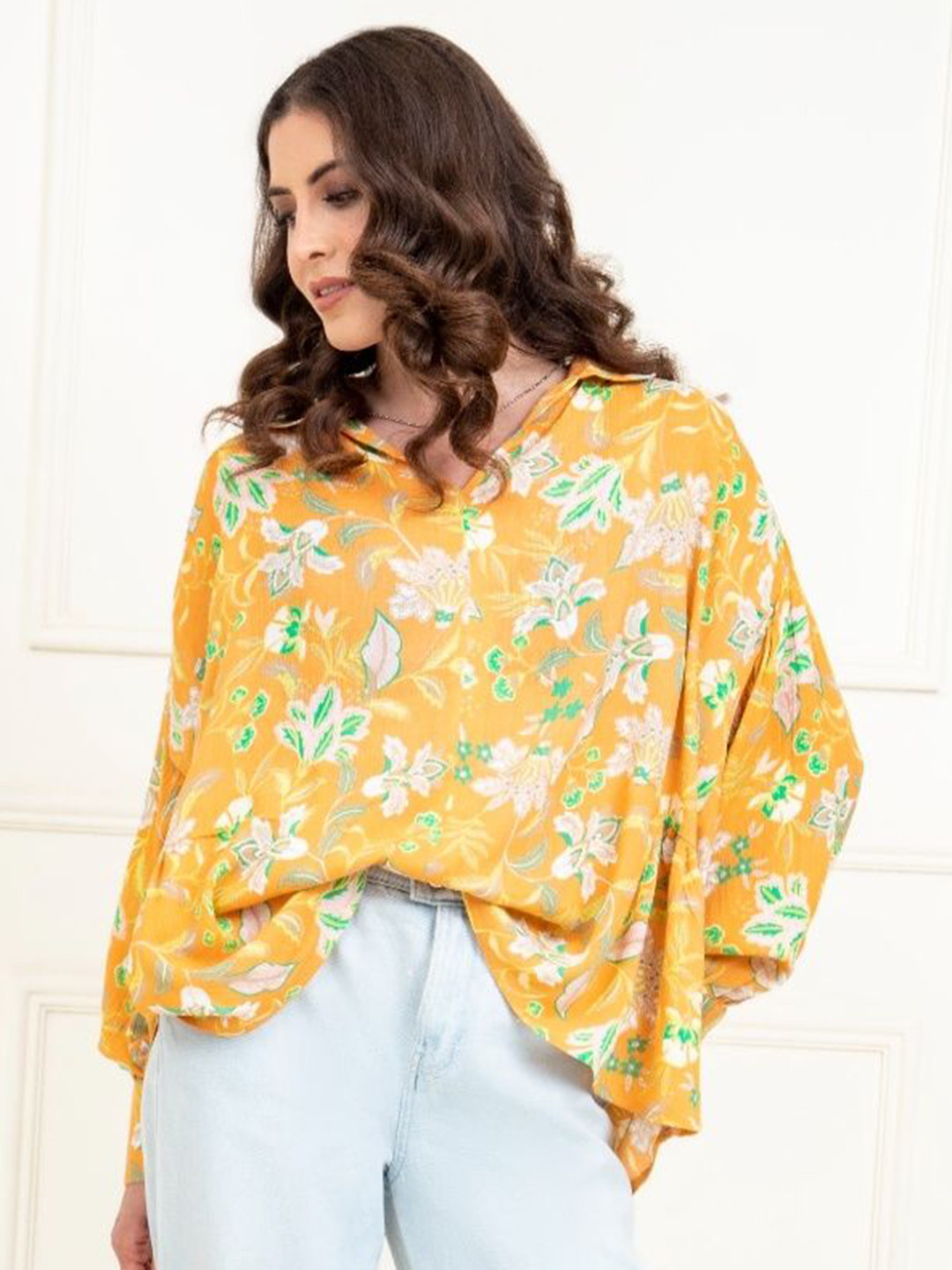 SANAITA CREATIONS Floral Printed Cuffed Sleeves Gathered or Pleated Shirt Style Top
