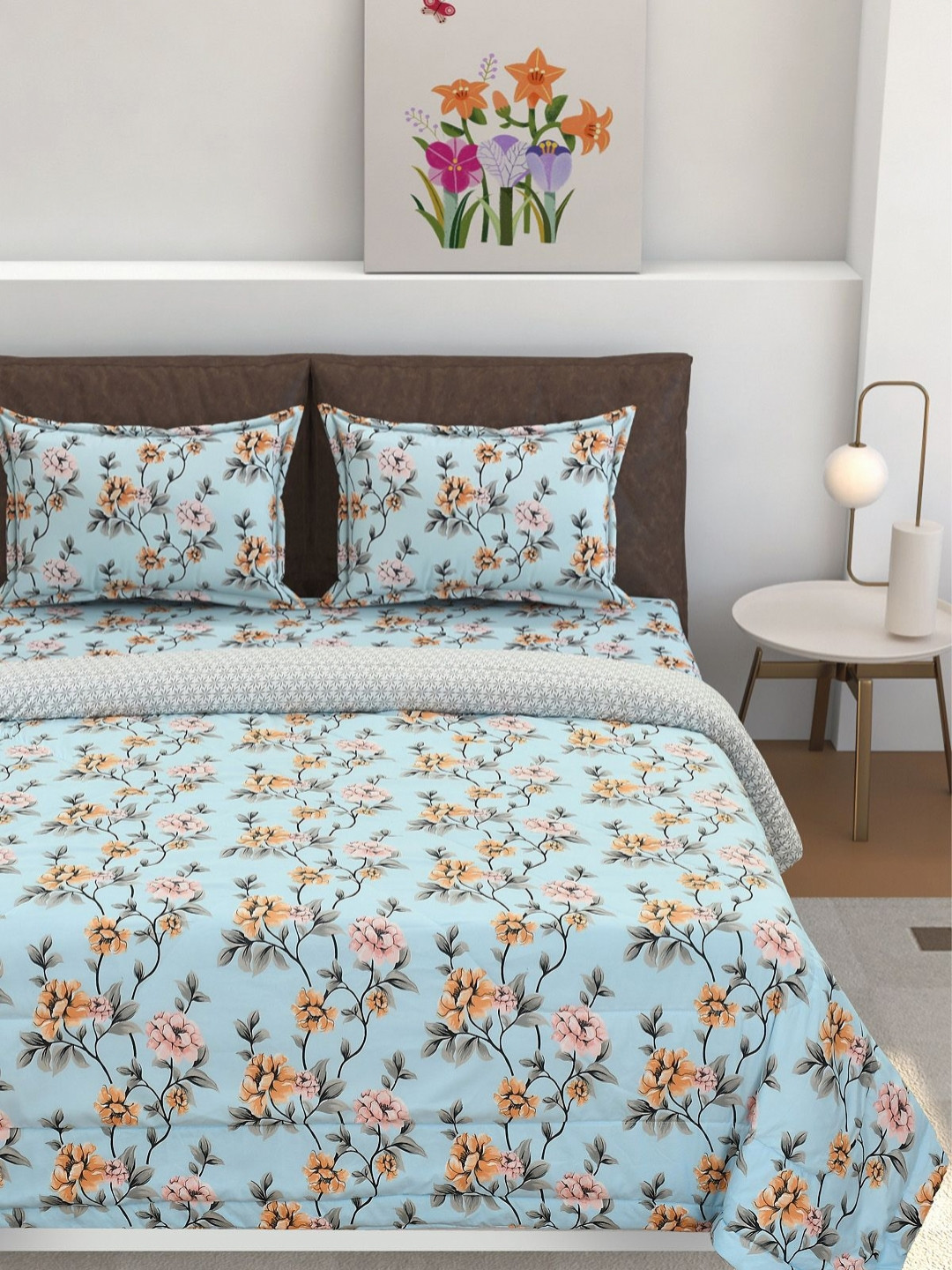 Florida Blue & Yellow 4 Pieces Floral Double Queen Superfine Bedding Set