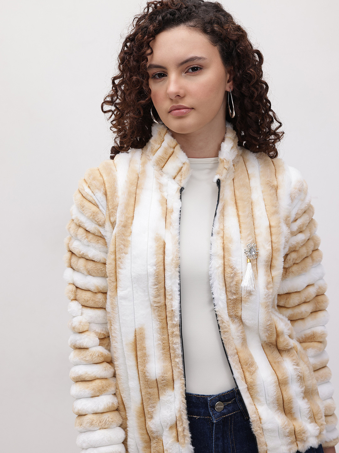 The Roadster Life Co. Self-Striped Tie & Dye Effect Faux Fur Detail Wool Tailored Jacket