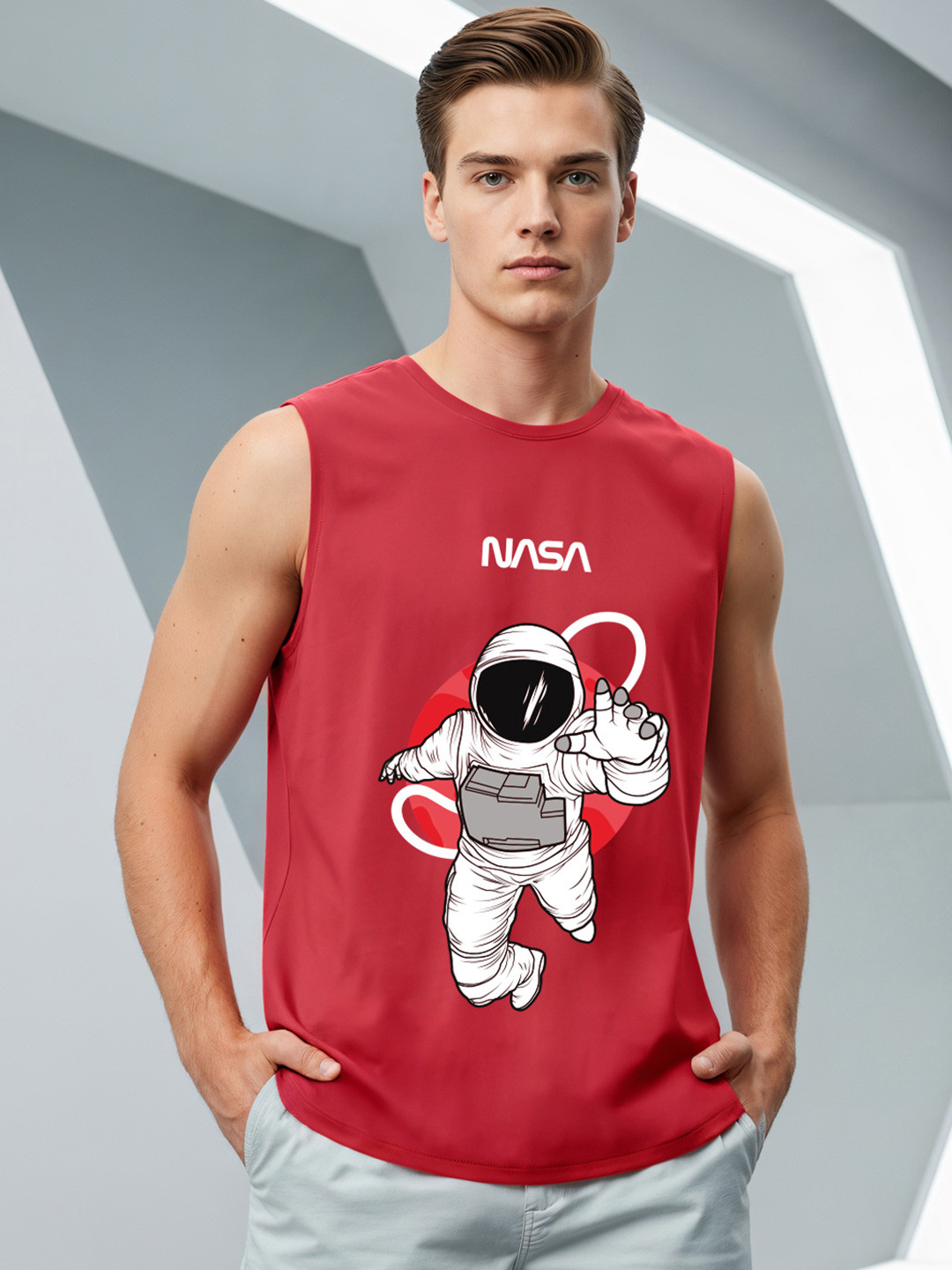 Bewakoof Official Nasa Merchandise Men Bold Red Nasa Astronaut Printed Boxy Fit Vest