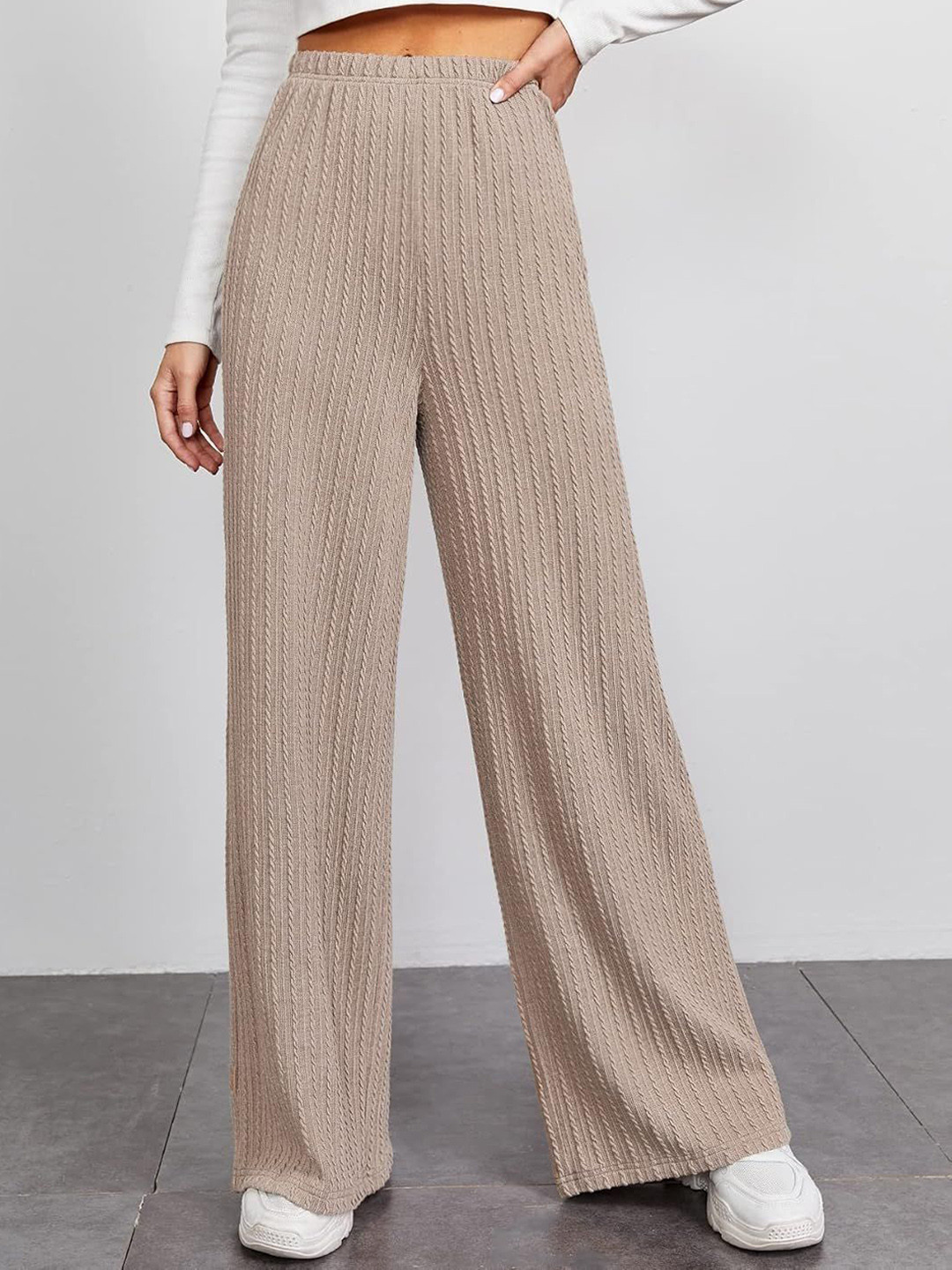PREMNAD Women Textured Relaxed Fit Mid-Rise Trousers