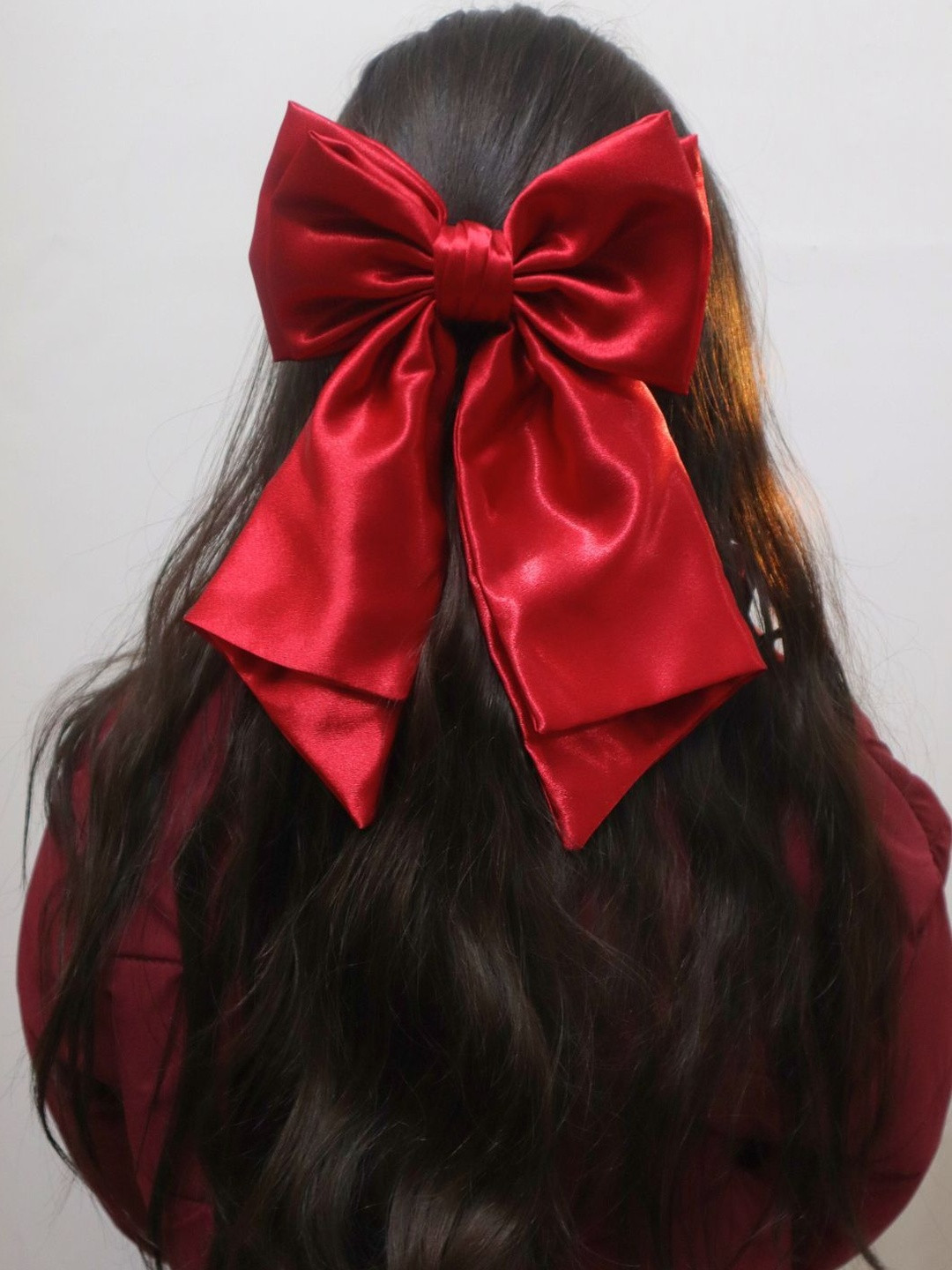 Kamule Girls Red Solid Saten Fabric French Long  Bow Hair Clip