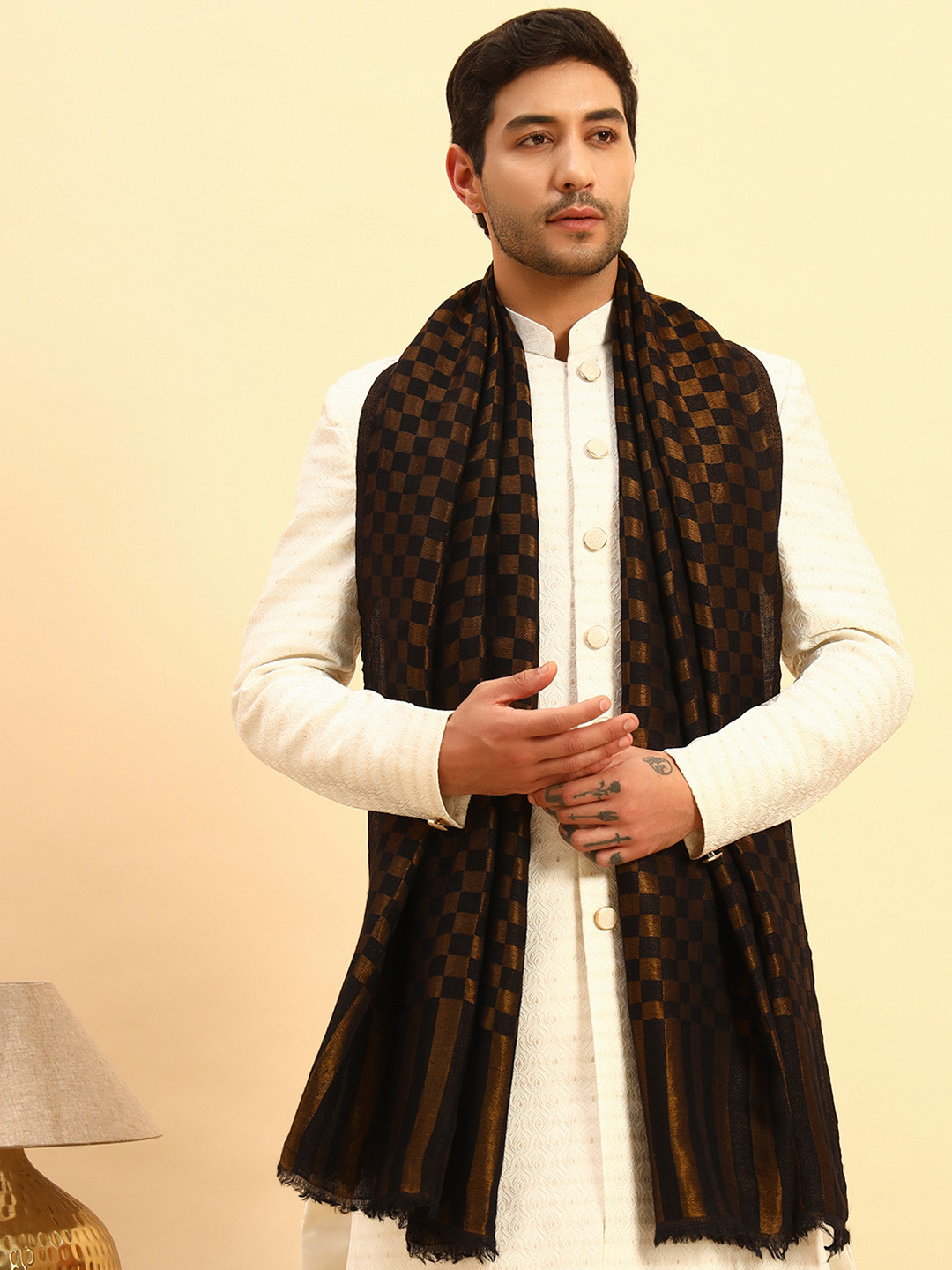 Pashmoda Woven Design Champagne Reversible Woollen Shawl