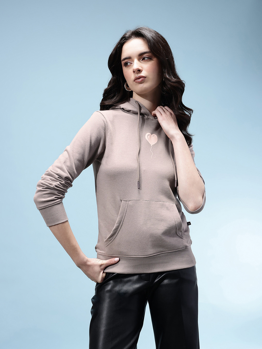 Taupe Hooded Graphic Print Sweatshirt