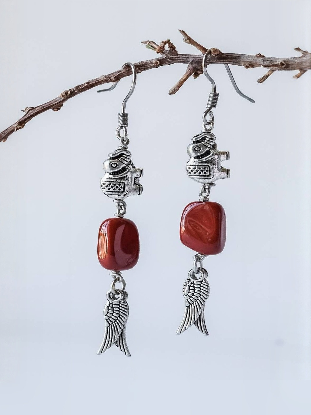 Shrim jewels Brass Plated Jasper Beaded Elephant Shaped Oxidised Drop Earrings