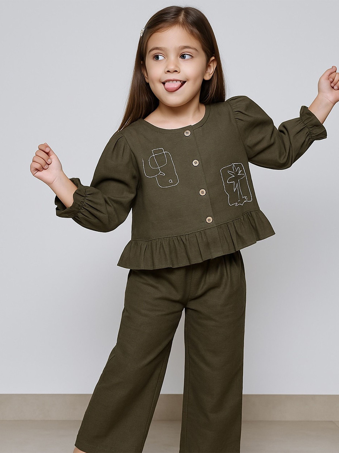 Le Nino Girls Embroidered Long Sleeves Pure Cotton Top With Trouser