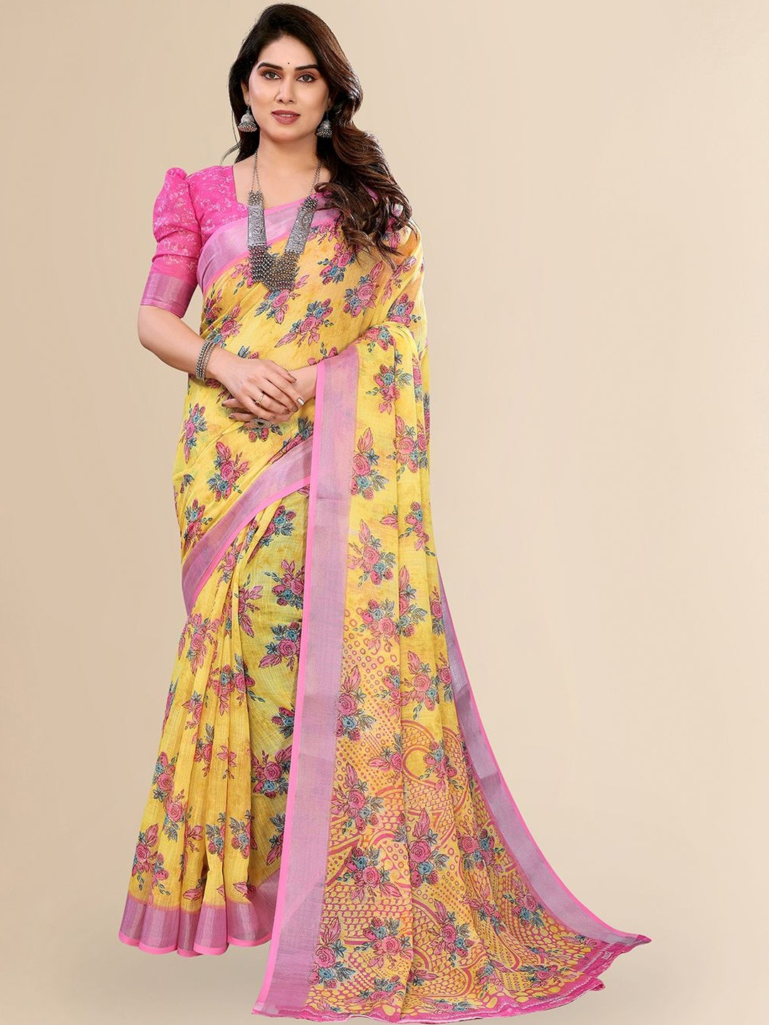Moda Rapido Women Yellow Cotton Blend Floral Printed Saree