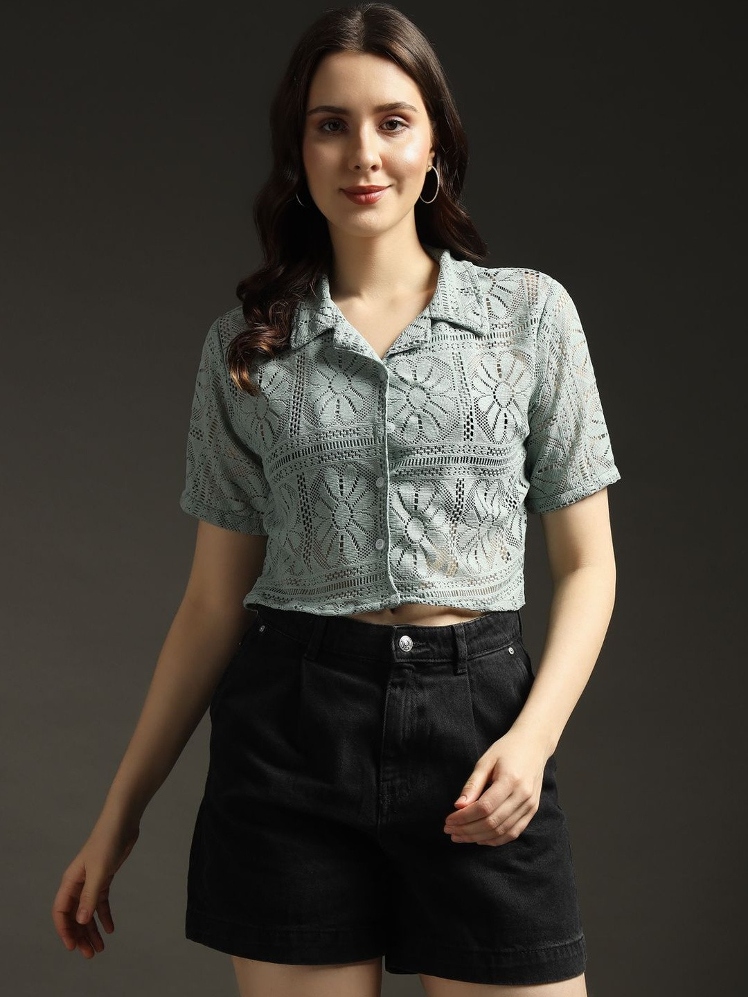 emeros Women Floral Self Design Lace Inserts Lapel Collar Shirt Style Net Crop Top