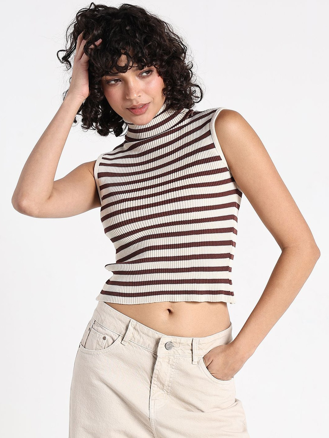 SHOWOFF Women Cream Acrylic Fitted Tops