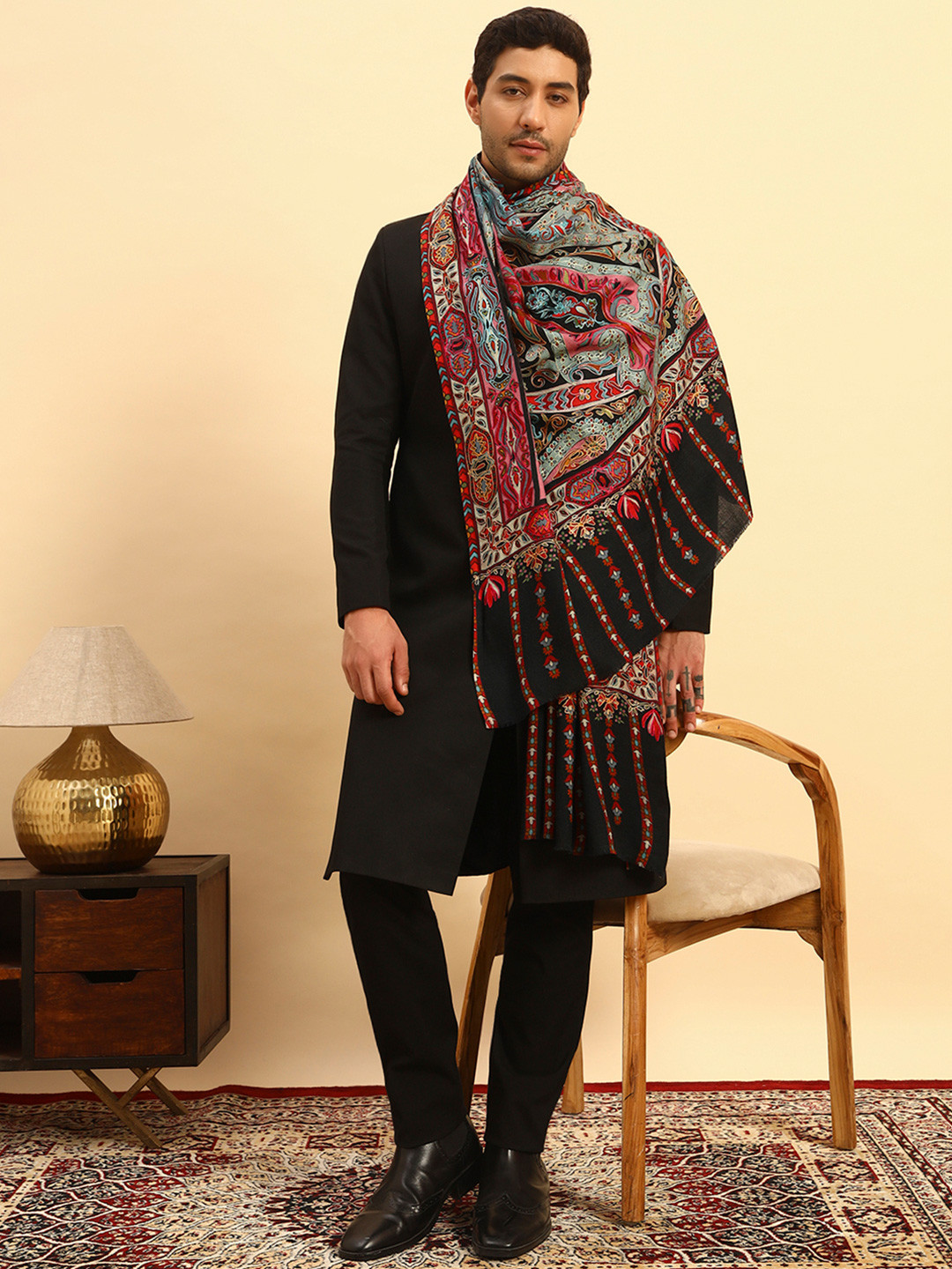 Pashmoda Ratnakar Paisley Embroidered Pure Woollen Kalamkari Shawl