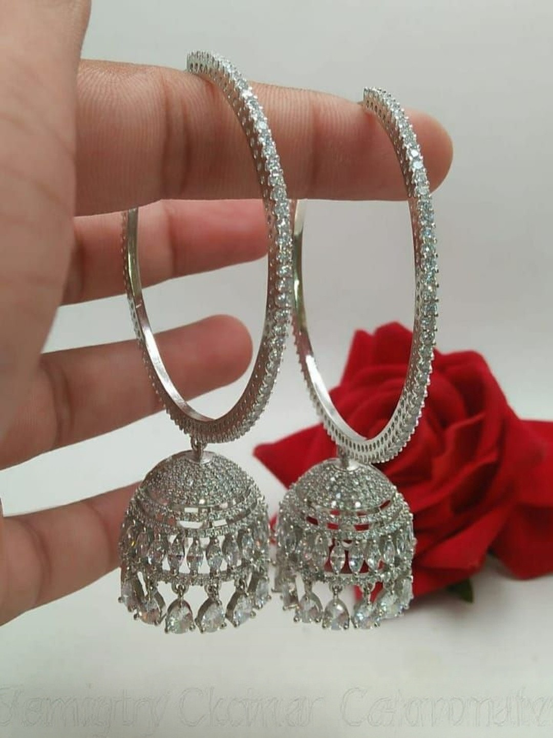 NEW AMBAJI ART JEWELLERY Women Rhodium-Plated Dome Shaped Jhumkas Earrings