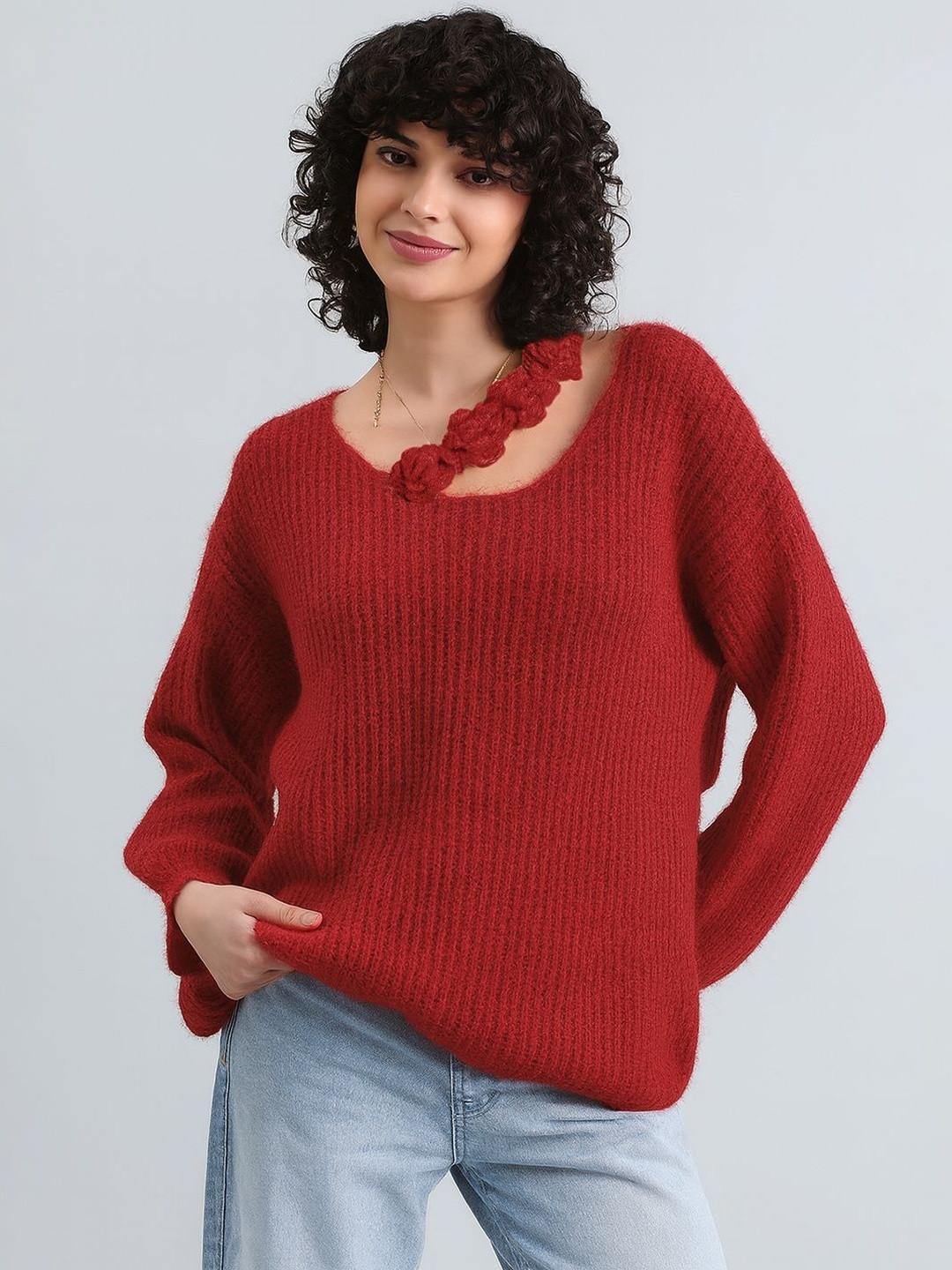 SHOWOFF Women Striped Floral Details Self Design Fuzzy Top