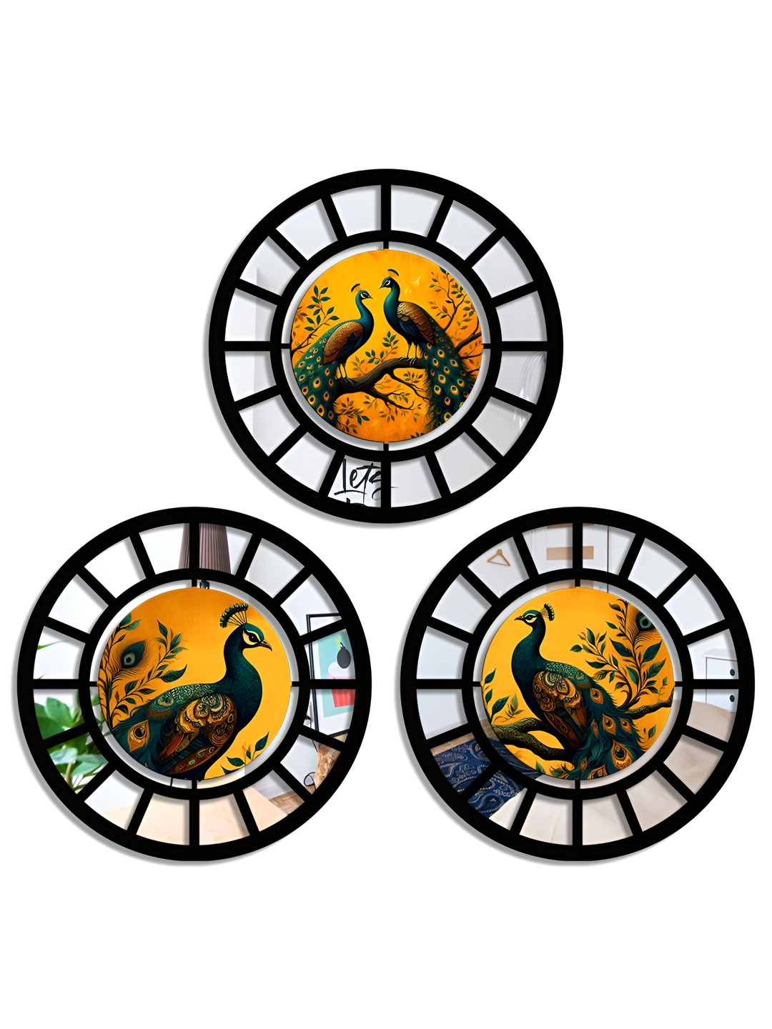 SEHAZ ARTWORKS Black & Yellow 3 Pieces Peacock Printed Wooden Wall Arts