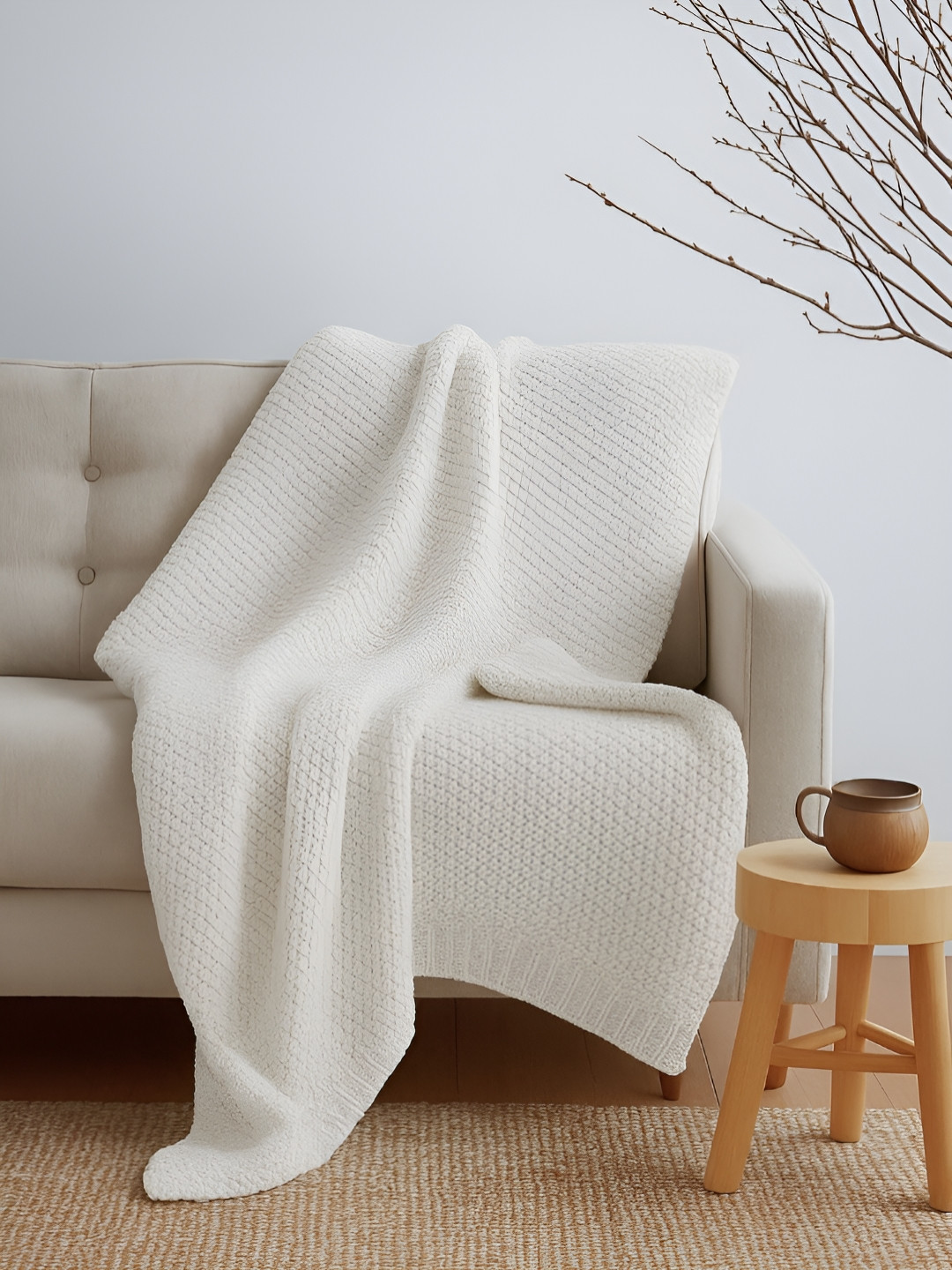 haus & kinder Cream-Colored Knitted Pure Cotton Throw