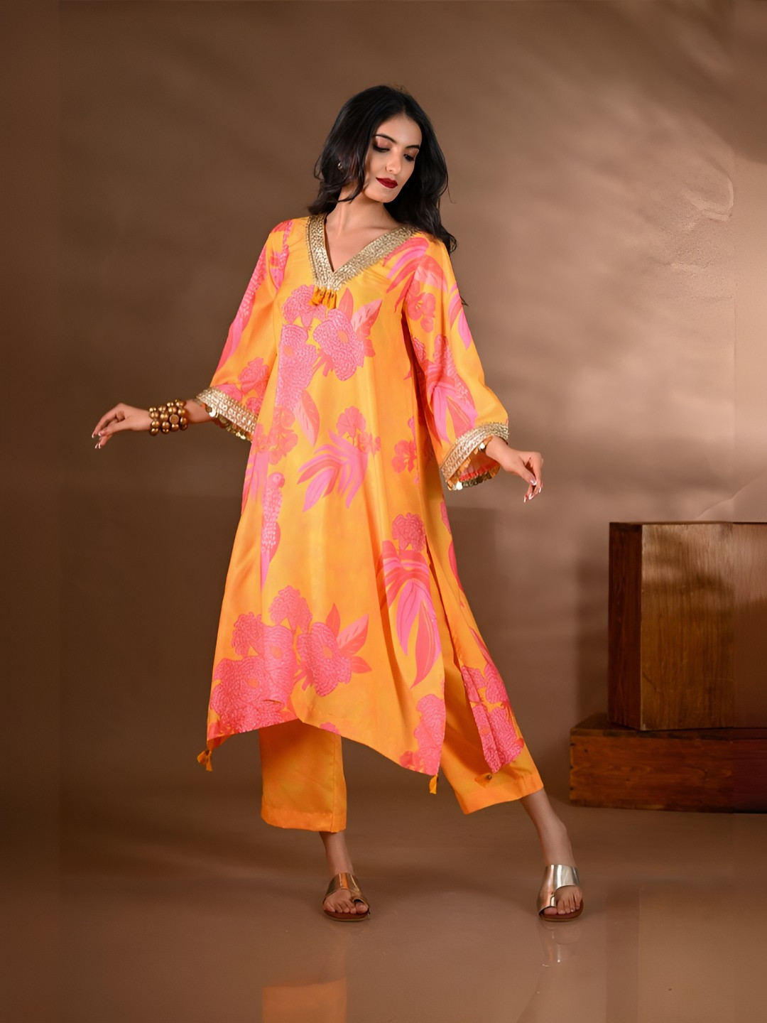 SHOP GULMOHAR Floral Printed Gotta Patti Kurta With Trousers
