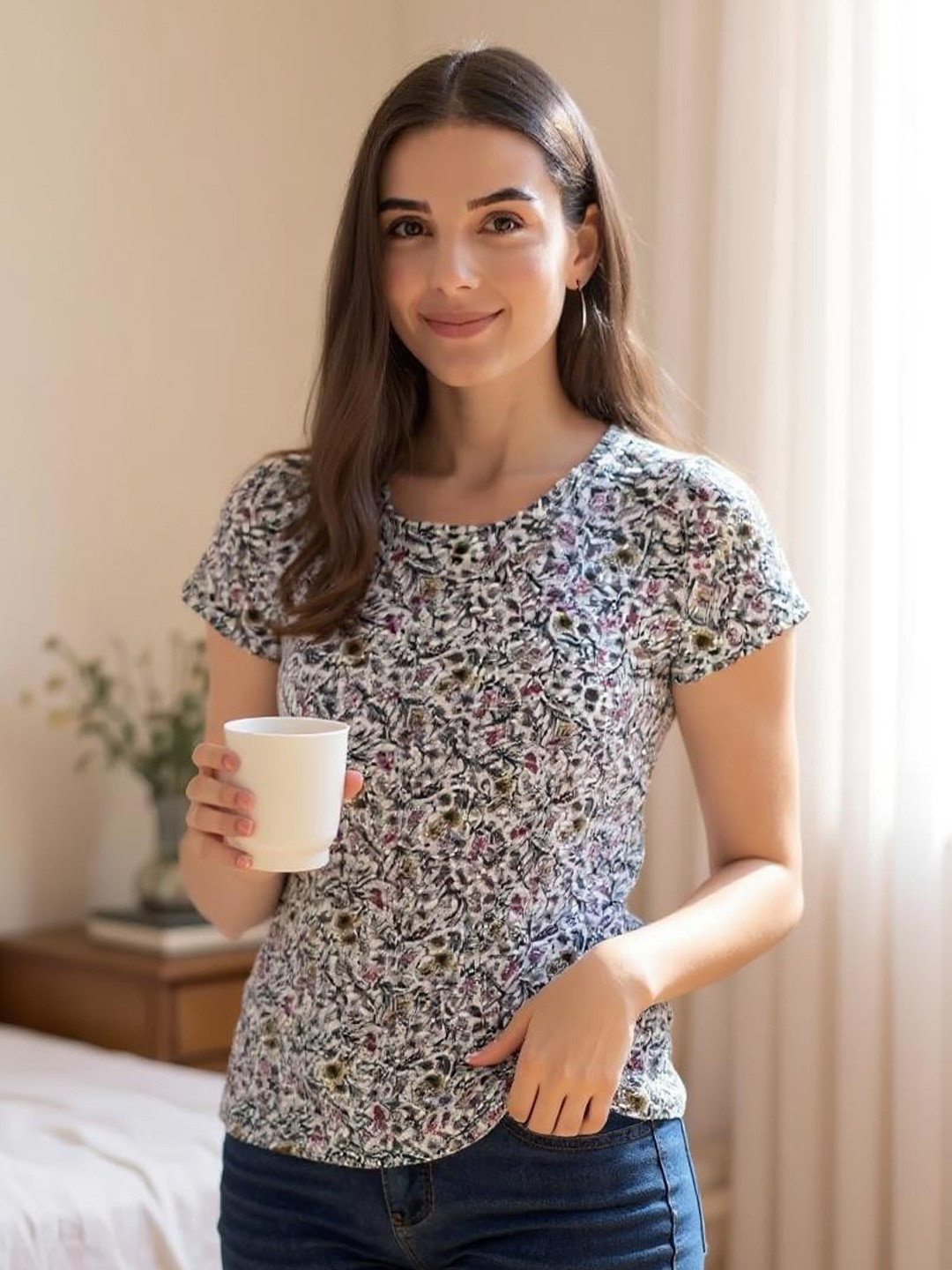 INUKA Women Floral Printed Round Neck Cotton T-shirt