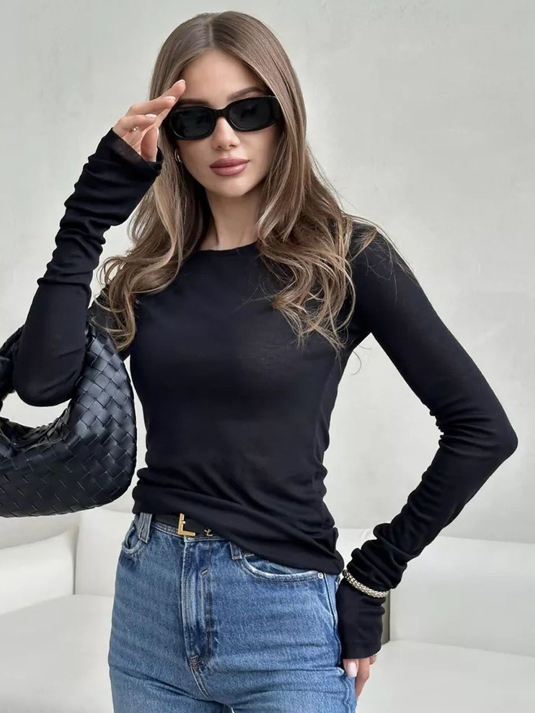 StyleCast Black Fitted Top with Long Sleeves