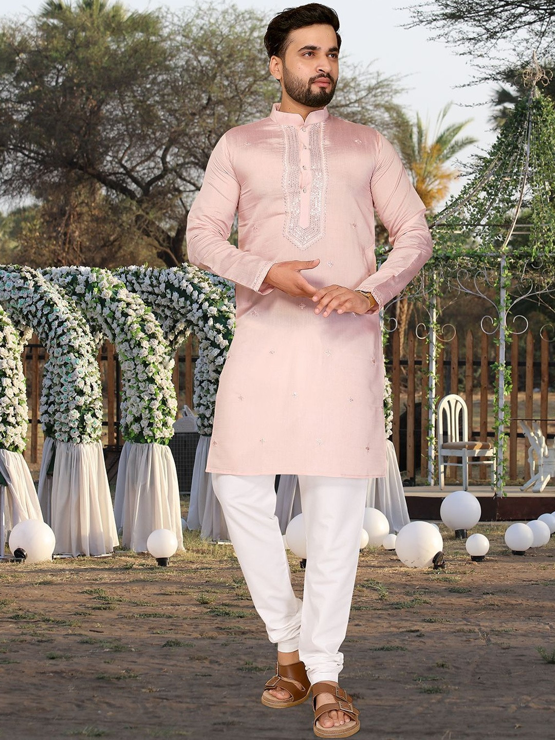 Moda Rapido Men Sequein & Embroidered Cotton Silk Kurta