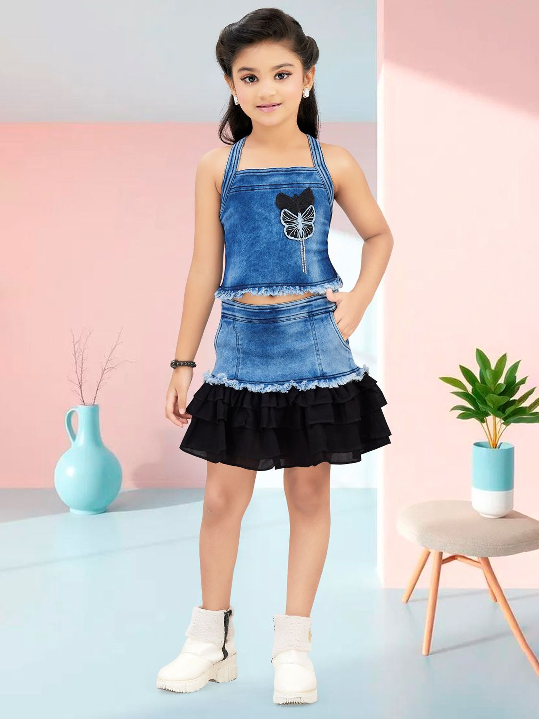 Lei-Chie Girls Embroidered Shoulder Straps Denim Top With Skirt