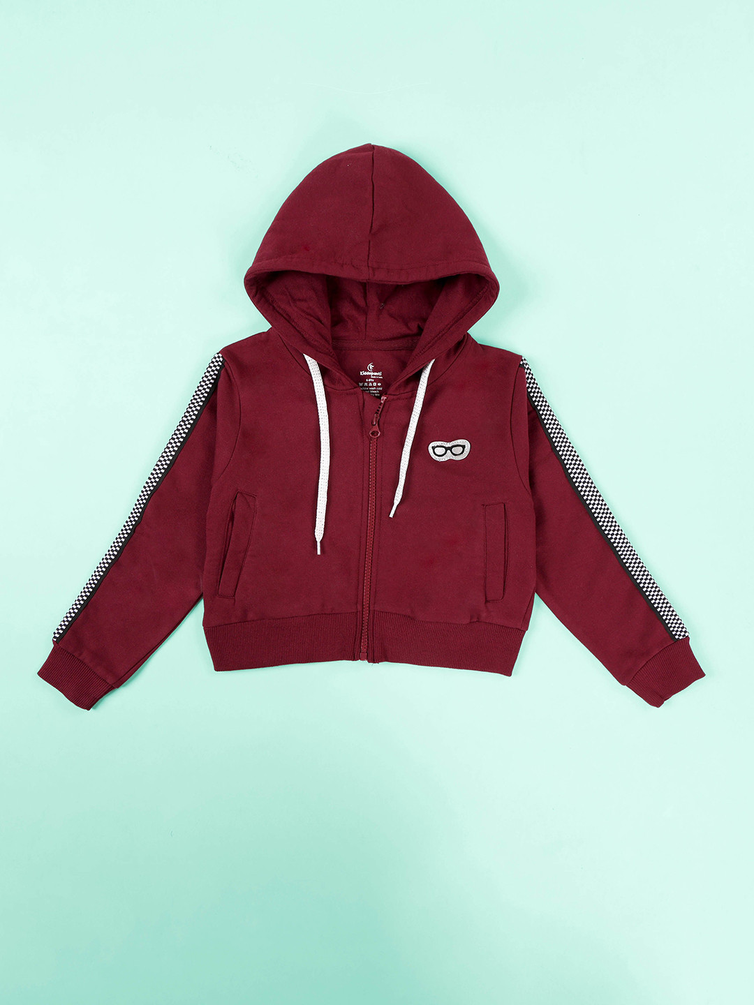 KiddoPanti Girls Solid Full Sleeve Front Zip Hooded Crop Sweatshirt with Tape Detail