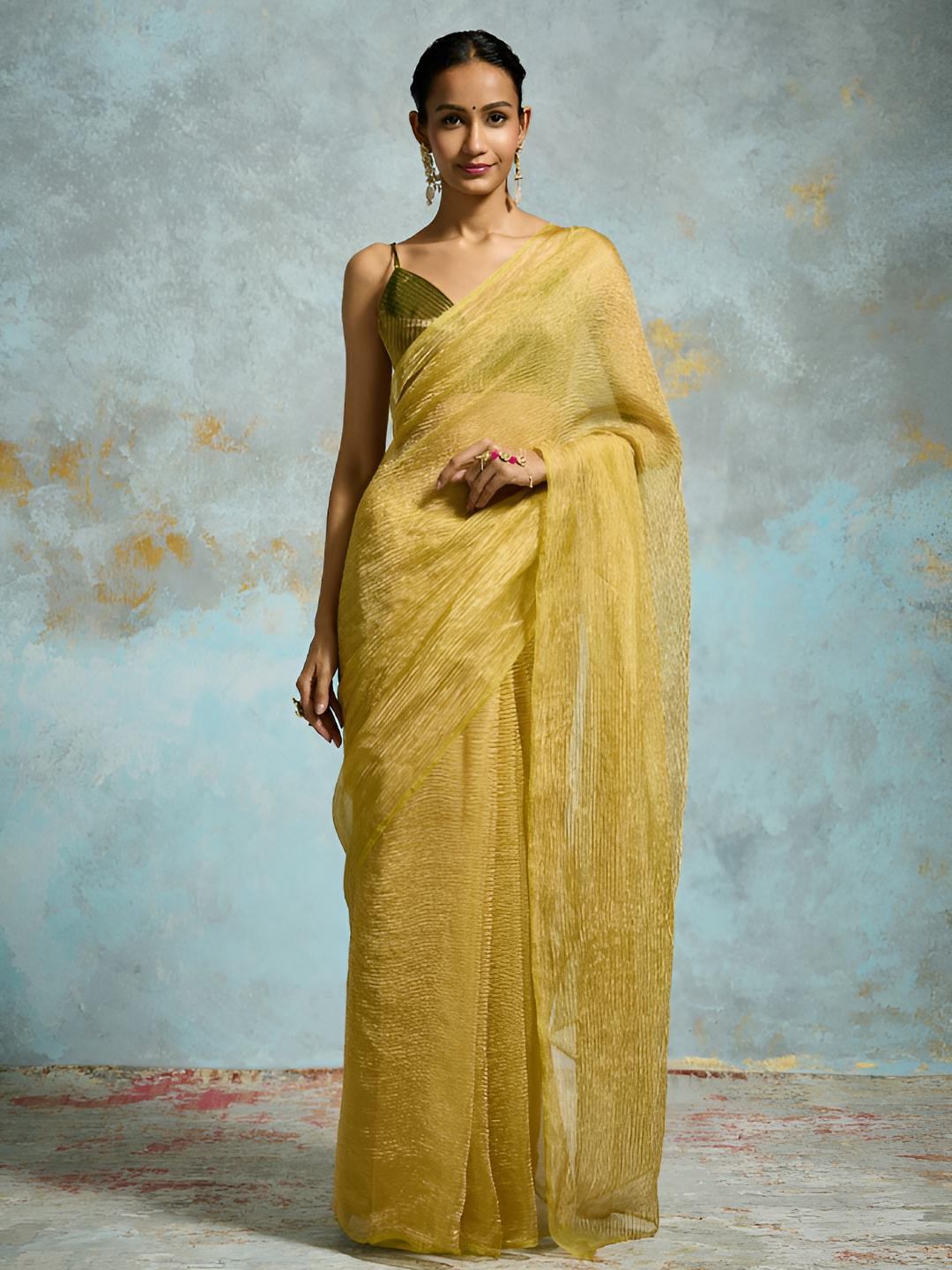 Dressfolk Green Banarasi Crinkled Tissue Saree