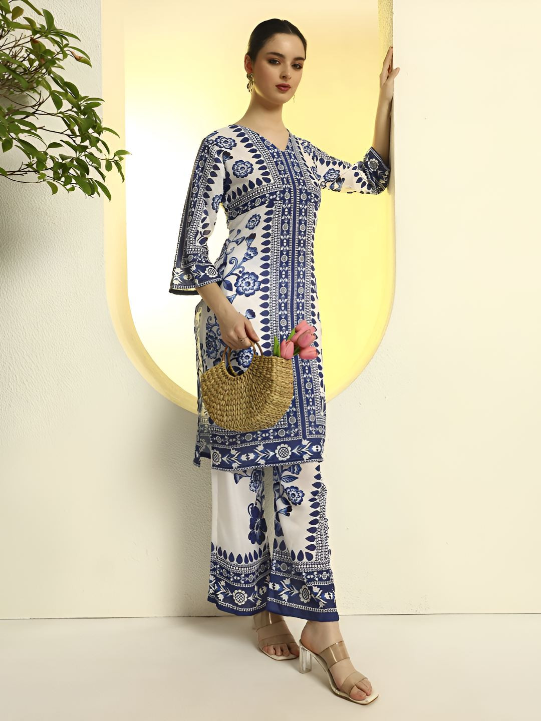 DAARI Floral Printed V-Neck Straight Kurta With Trousers
