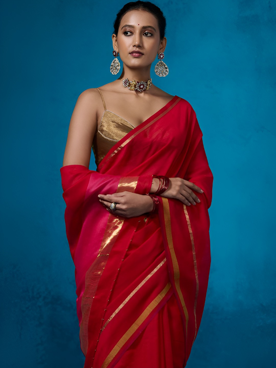 Dressfolk Handwoven Red Chanderi with Gold Zari Saree