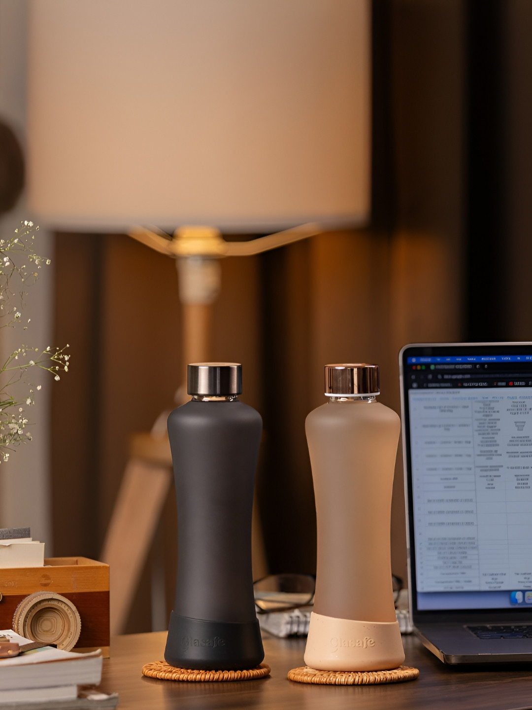 GLASAFE Black & Peach-Coloured 2 Pieces Glass Single Wall Vacuum Water Bottles