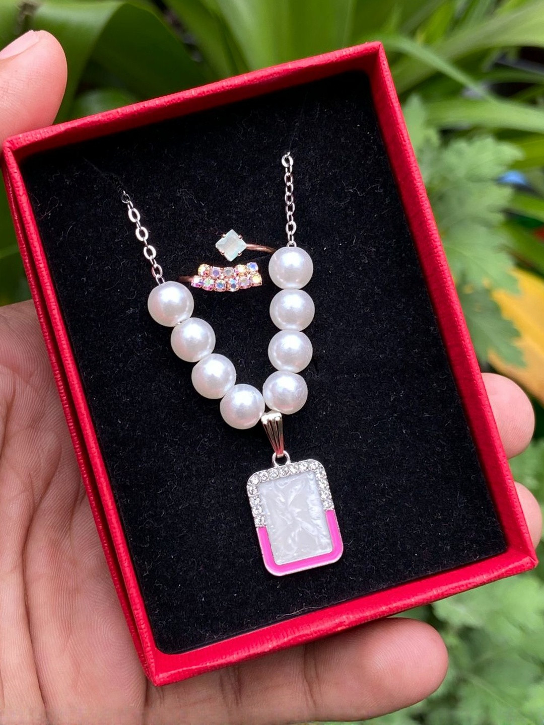 KALAFICIAL Women Silver-Plated Pearls Necklace With Finger Ring Jewellery Set