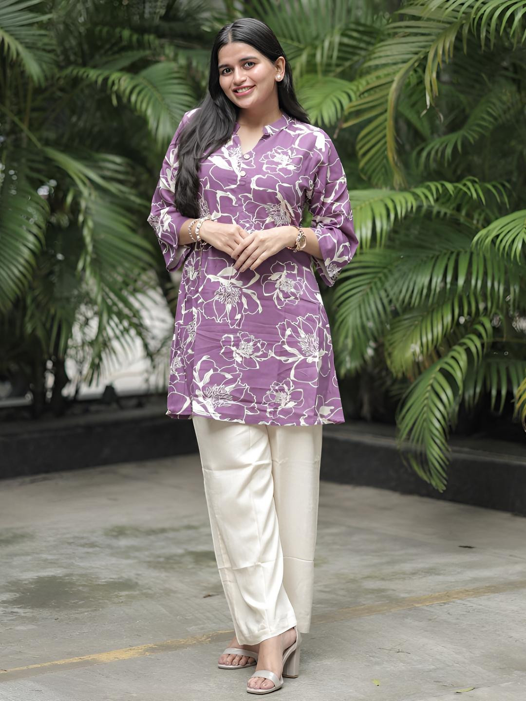 indian rani Floral Printed Mandarin Collar Straight Kurti With Trouser