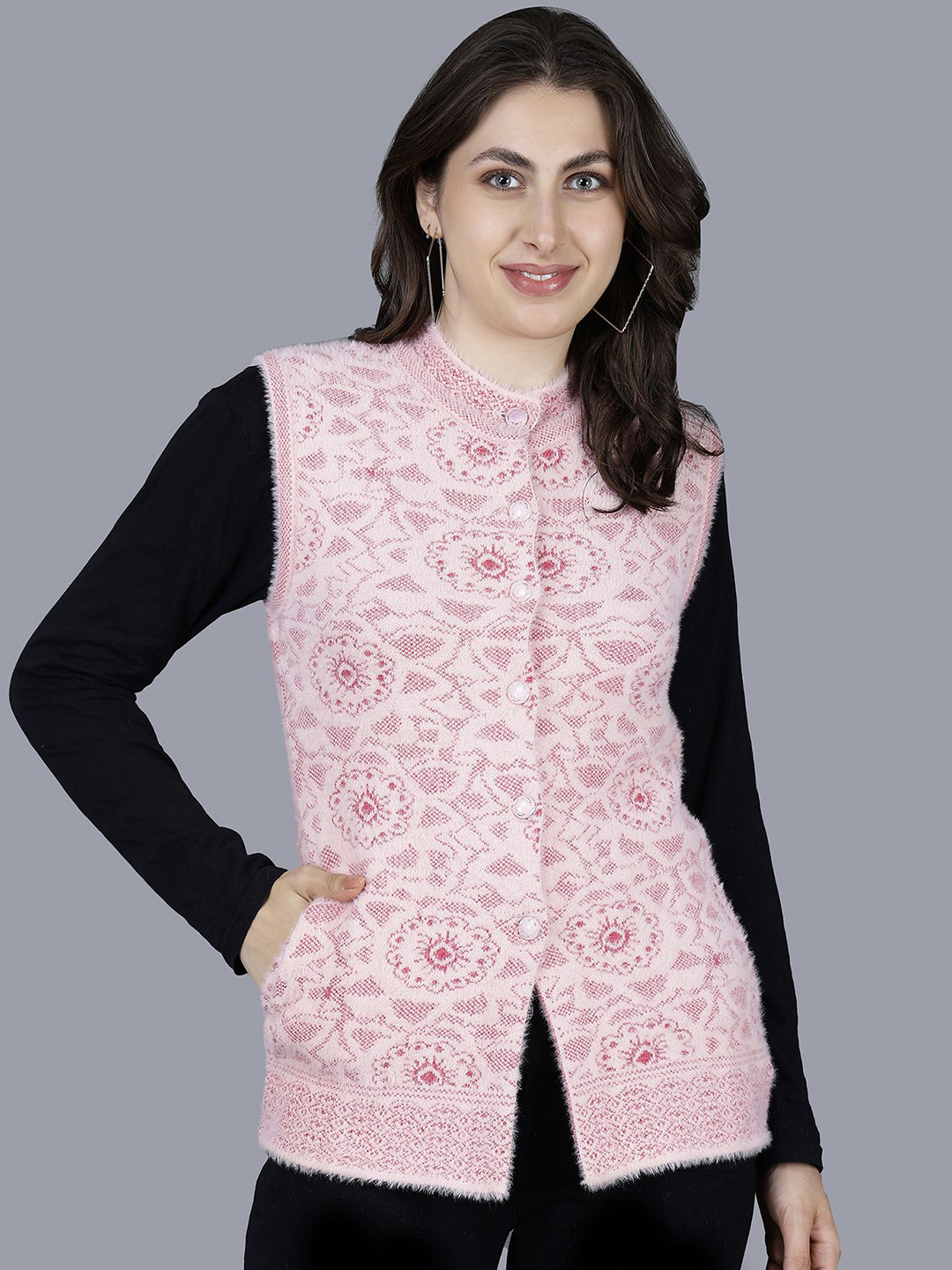 Chatanya Women Self Designee Floral Woollen Cardigan