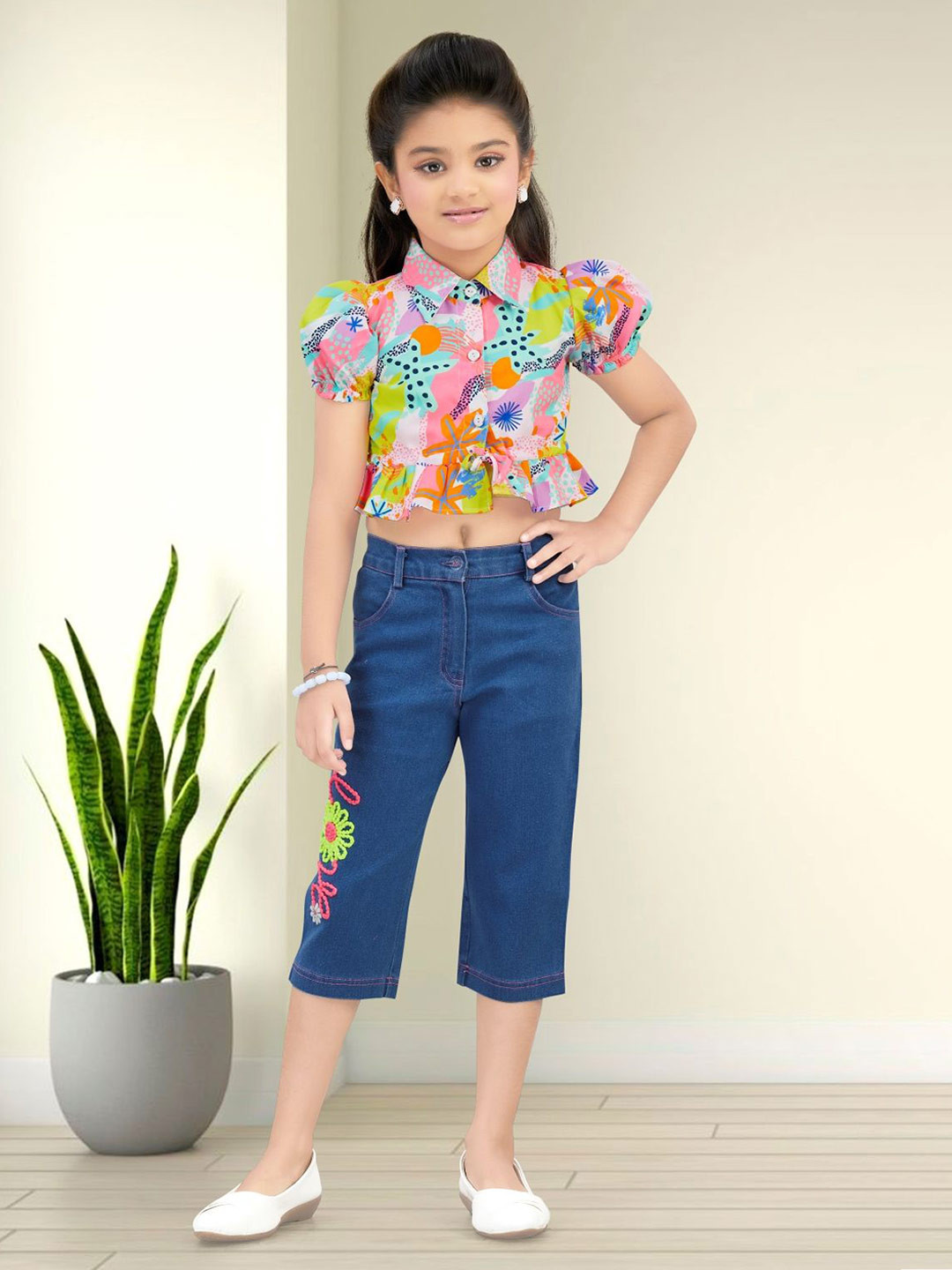 Lei-Chie Girls Printed Short Sleeves Linen Shirt With Capris