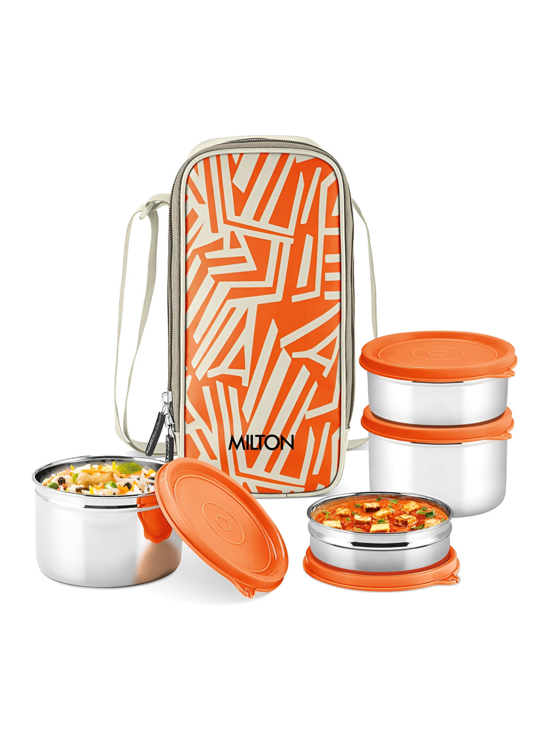 Milton Orange & Silver Stainless Steel Striped Dishwasher And Microwave Safe Lunch Box