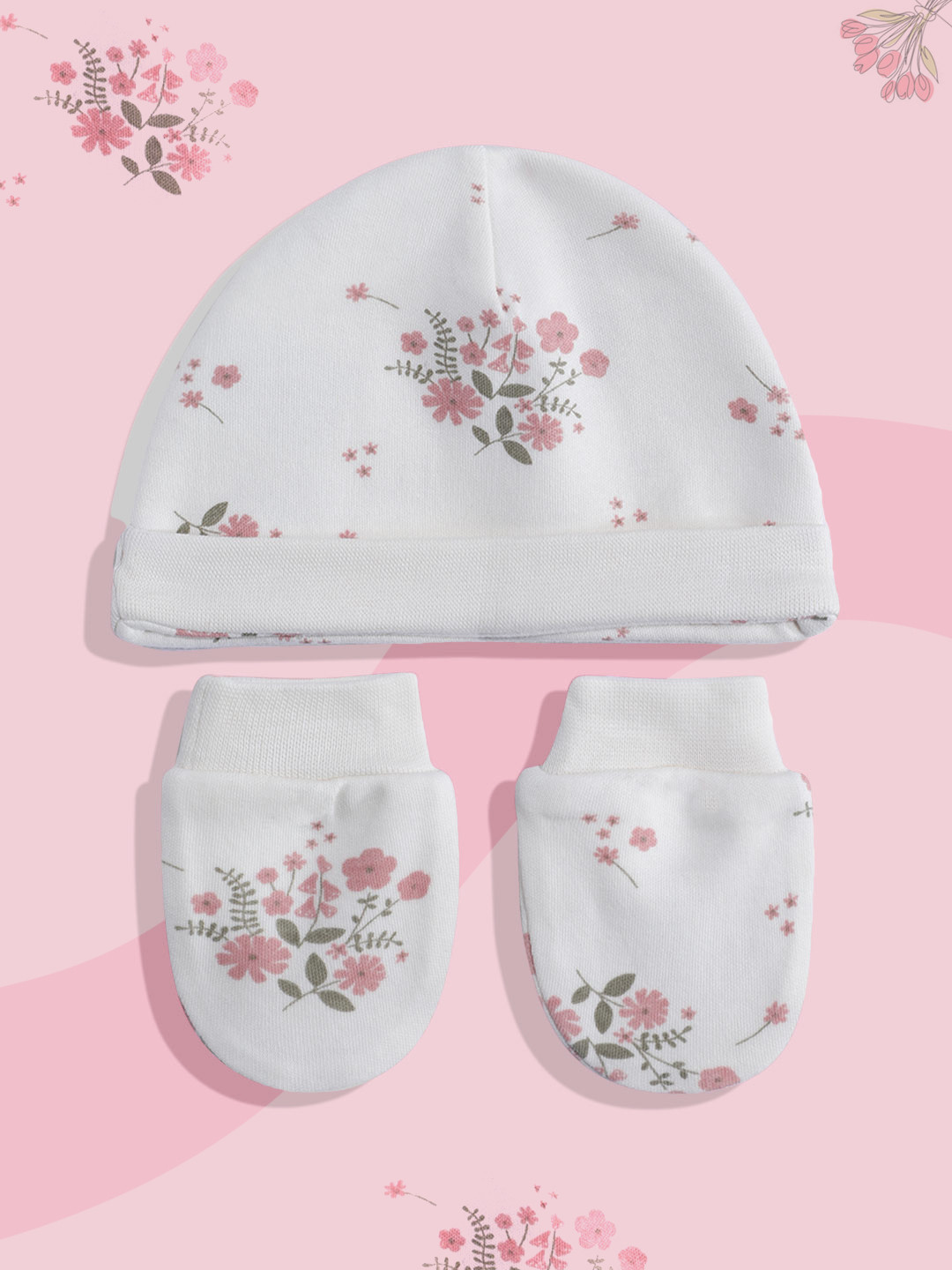 mothercare Infant Girls Floral Print Pure Cotton Beanie with Hand Gloves