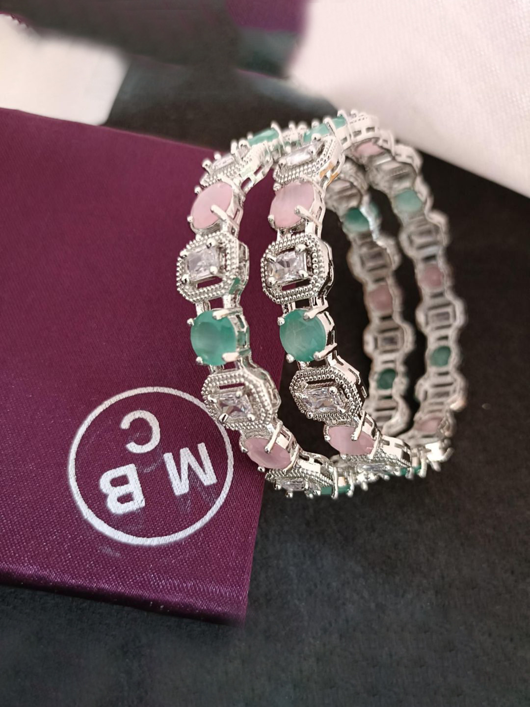 Pakhee Creation Women Set Of 2 Silver Plated American Diamond-Studded Bangles