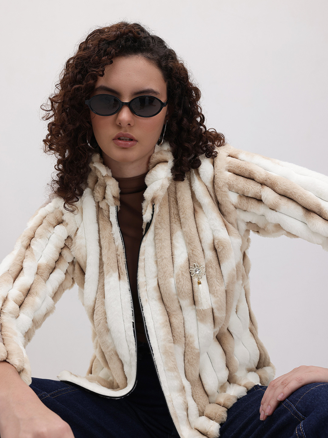 The Roadster Life Co. Self-Striped Tie & Dye Effect Faux Fur Detail Wool Tailored Jacket